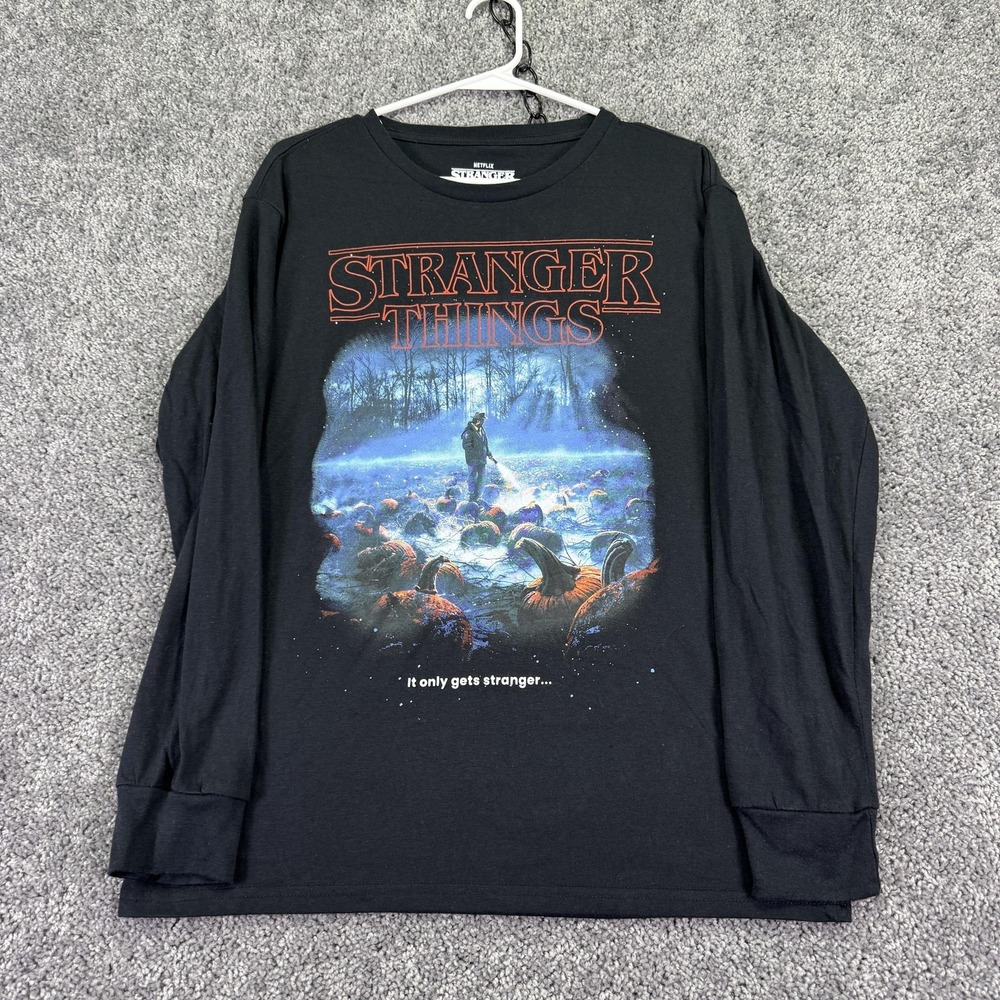 Stranger Things Shirt Mens Medium Black Long Sleeve Graphic Tee Netflix Horror